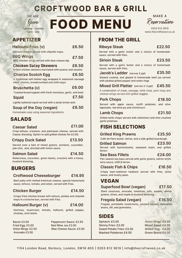 Croftwood Bar & Grill menu, event dining, vegan options