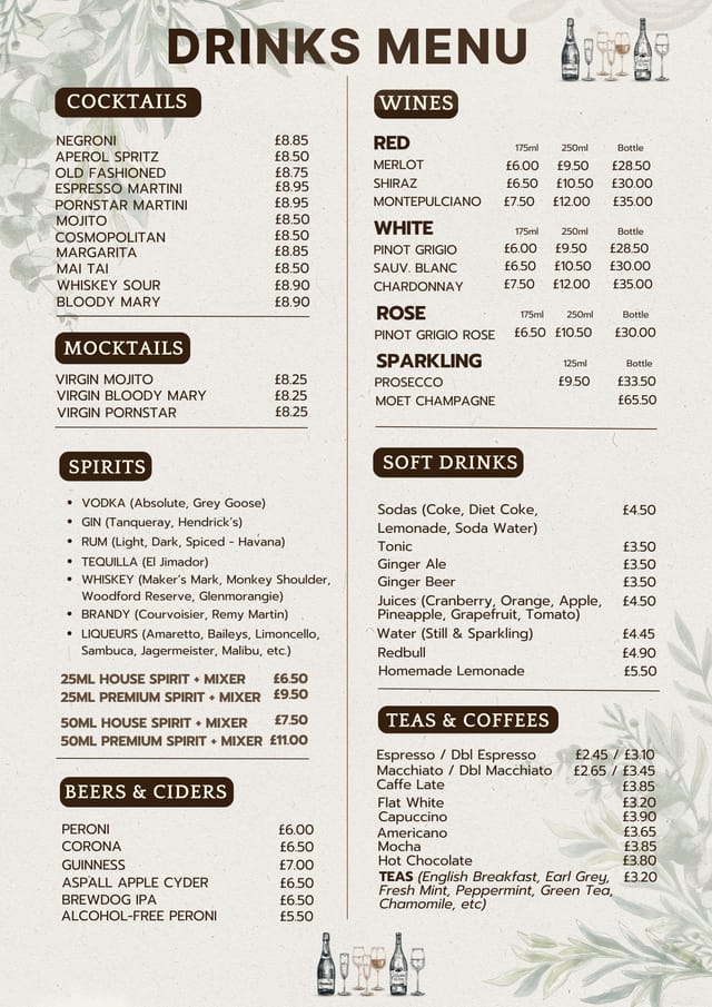 Croftwood Bar & Grill menu: event catering, drink options