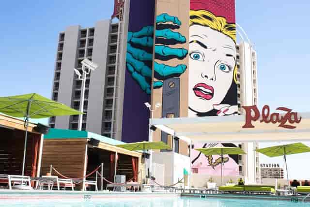Vibrant Plaza Hotel mural, pool & lounge. Incentive retreat, corporate event.