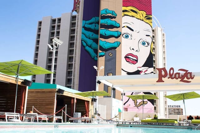 Vibrant Plaza Hotel mural, pool & lounge. Incentive retreat, corporate event.