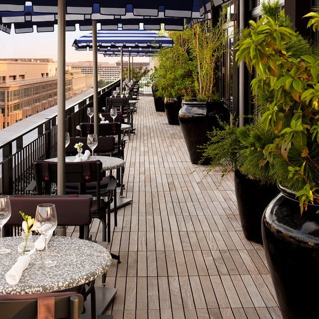 Stylish outdoor terrace at Café Riggs, perfect for upscale events and gatherings.