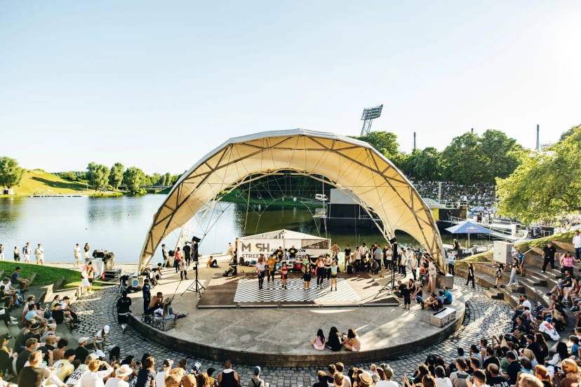 Theatron Olympic Park lakeside event stage