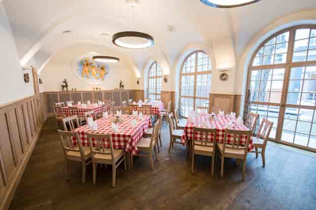 Paulaner Brauhaus event, rustic, checkered tablecloths