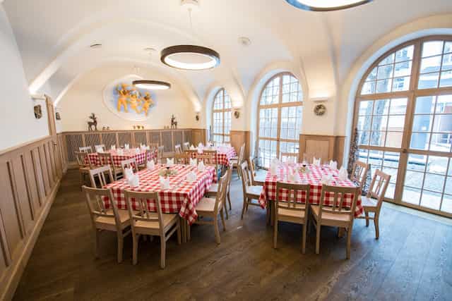 Paulaner Brauhaus event, rustic, checkered tablecloths
