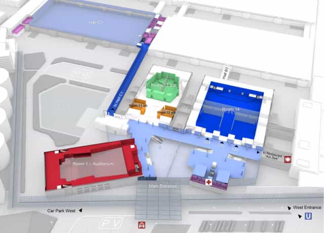 Munich conference venue foyer, hall plan, event logistics