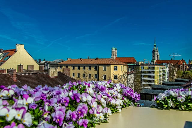 Rooftop terrace event, Munich skyline, floral decor