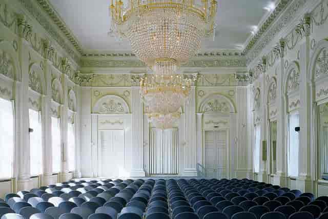 Munich conference hall, chandeliers, seated event