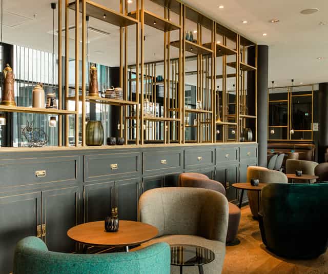 Modern Munich bar lounge, networking event