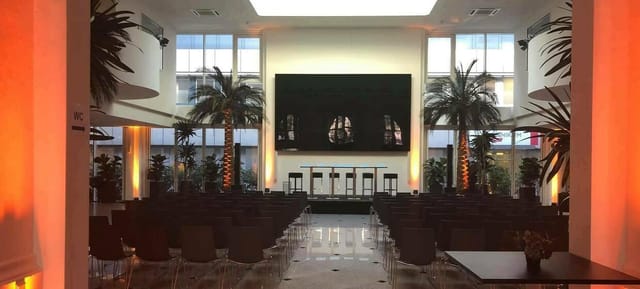 Corporate event stage, digital display, Isarpost venue
