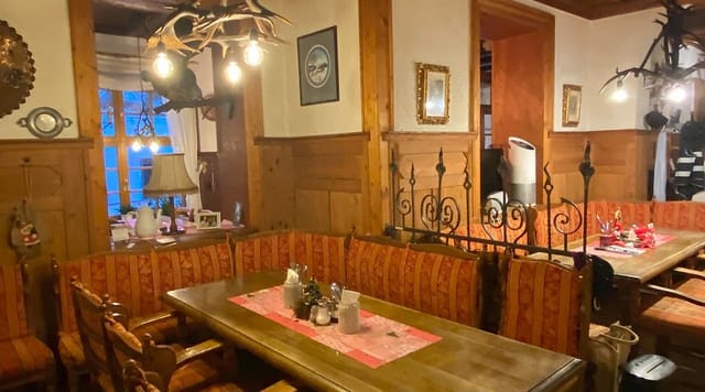 Rustic Bavarian restaurant event venue, wood, antlers