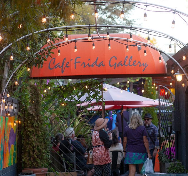 Outdoor Cafe Frida Gallery with string lighting for networking mixers and boutique events.