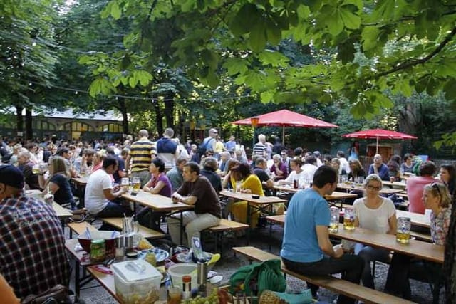 Hofbräukeller beer garden networking reception with communal bench seating for corporate events.