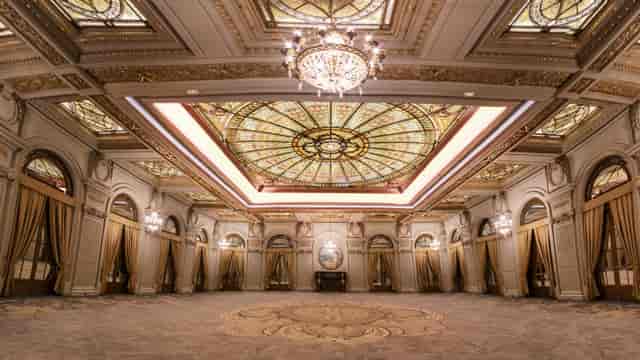 Le Diplomate Ballroom at InterContinental with stained-glass skylight for luxury galas, events.