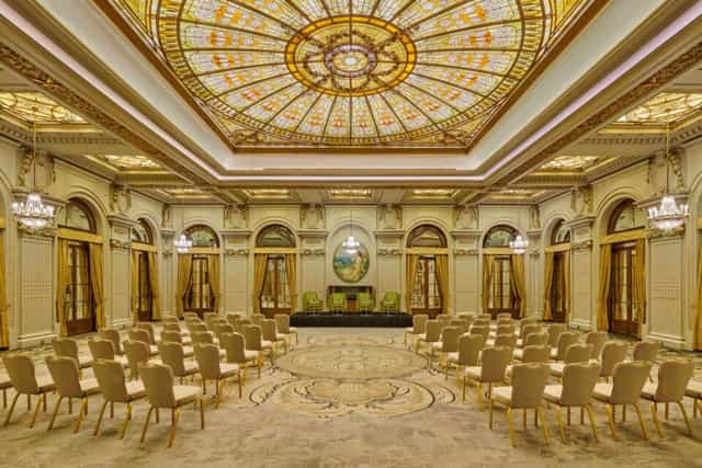 InterContinental Athénée Palace ballroom with stained-glass ceiling for corporate events.