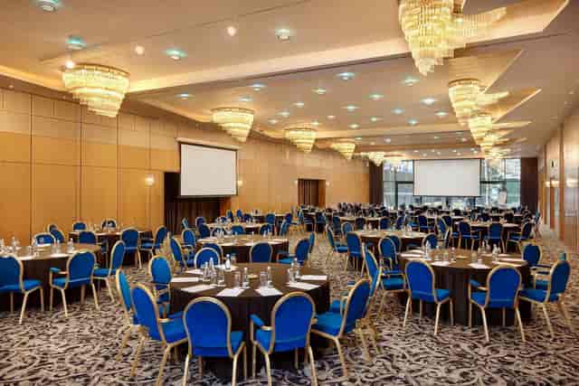 Crowne Plaza Bucharest ballroom with round tables for corporate events and professional conferences.