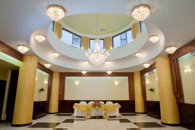 Majestic Hotel ballroom with architectural rotunda and chandeliers for upscale gala event.
