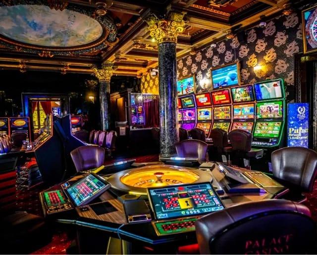 Opulent live casino gaming lounge for upscale corporate events and networking receptions.