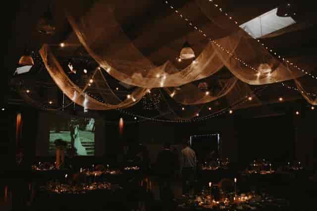 Draped fabric ceiling in Sala ROMÂNIA, Bucharest, for formal evening reception event venue.