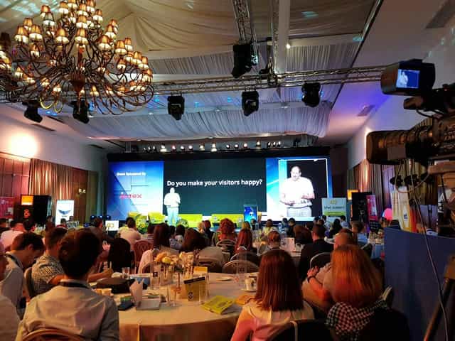 Event setup at Salon Bucuresti Crystal Palace Ballrooms with LED screens for corporate conferences.