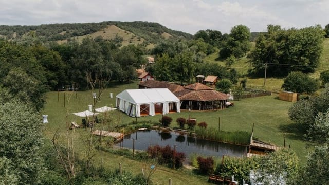 Rustic wedding marquee and pavilion at Valea Verde Retreat outdoor event venue.