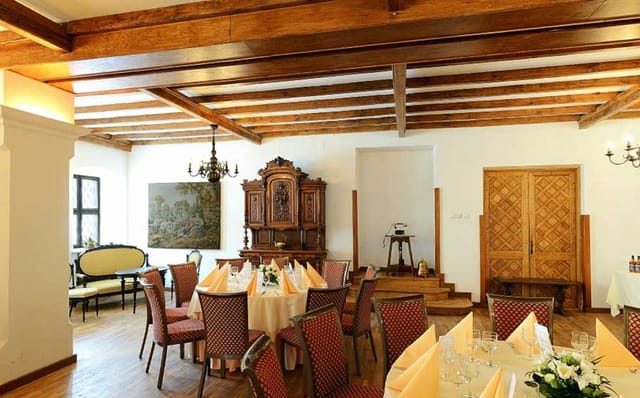 Historic Hanu' lui Manuc restaurant salon with timber beams for VIP events and corporate meetings.