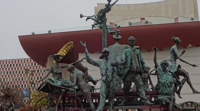 Bronze sculpture at I.L. Caragiale National Theatre amphitheater, ideal for event branding.