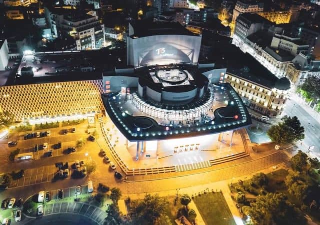 Black Box Hall at National Theatre, night exterior view for corporate galas and stage productions.