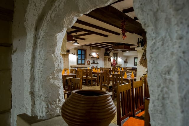 Rustic Crama dining room at Hotel Irisa, ideal for intimate experiential dinners and receptions.