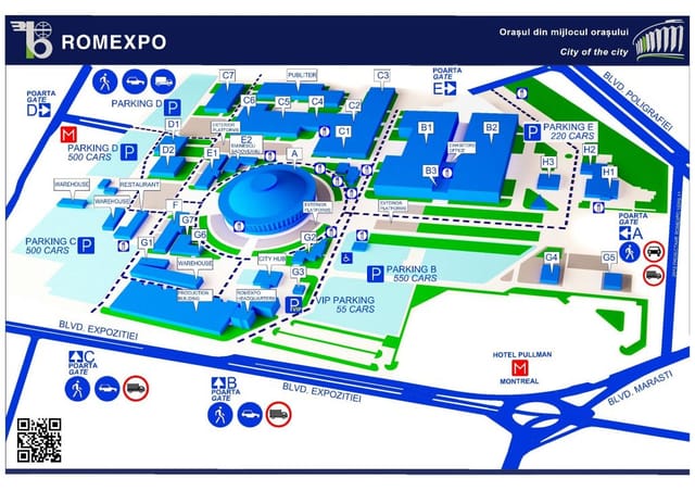 Romexpo Pavilion B2 site map: exhibition layout and logistics for large-scale events.