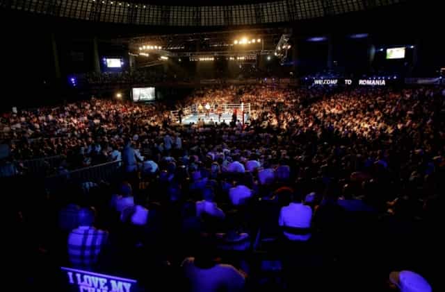Boxing ring at Sala Titulescu, ROMEXPO, with tiered seating for sports events and exhibitions.
