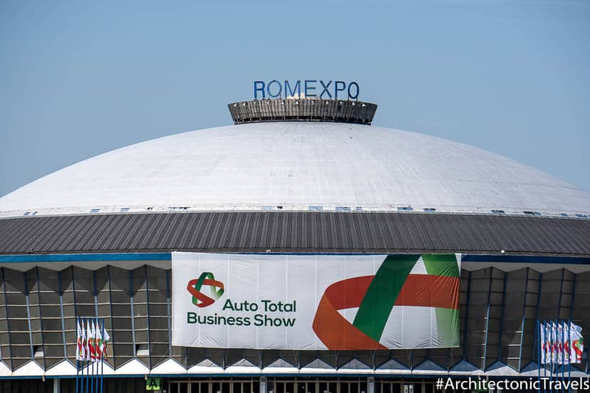 The Dome Hall at ROMEXPO Bucharest featuring large-scale branding for business trade shows.