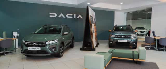 Dacia Auto Cobălcescu showroom with open lounge layout for automotive events and product launches.