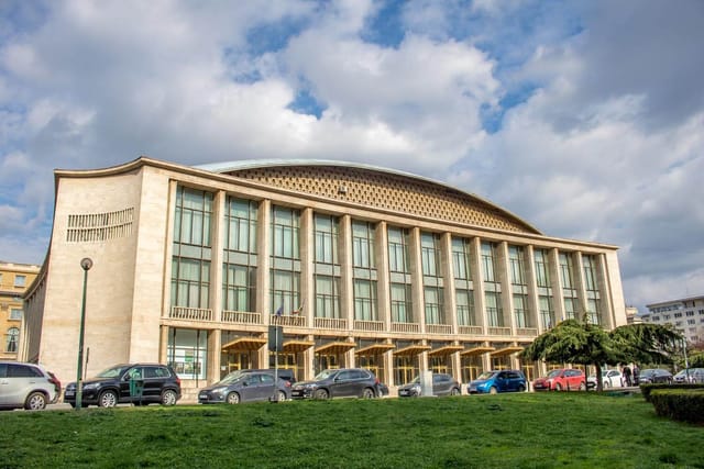 Sala Palatului concert hall, mid-century glass architecture for large plenary sessions and events.