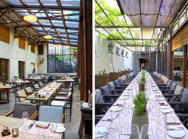 Bayerischer Hof restaurant event space with elegant seating and natural light, ideal for gatherings.