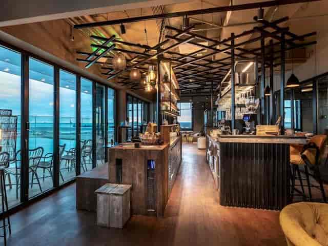 Industrial-chic Wind Sky Bar for networking events and cocktail receptions.