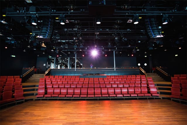 Versatile black-box theater with raked seating for corporate events and stage presentations.