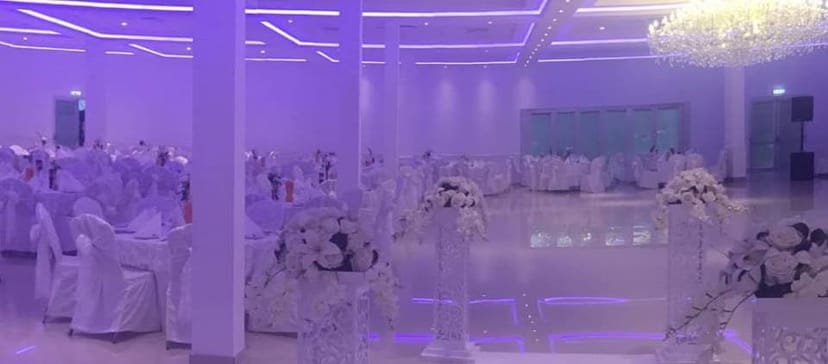 Modern Palmyra ballroom with LED lighting for upscale corporate galas and elegant weddings.