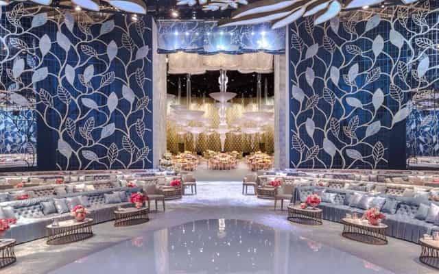 Luxury gala ballroom at Festival Arena Dubai with elegant lounge seating and dramatic lighting.