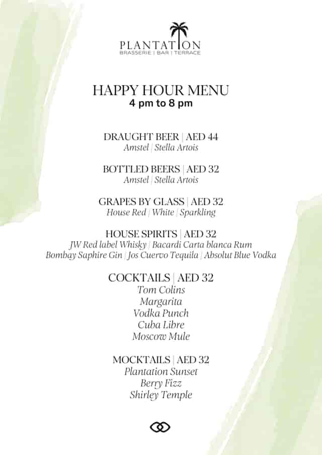 Plantation Brasserie beverage menu for corporate reception and event bar packages.