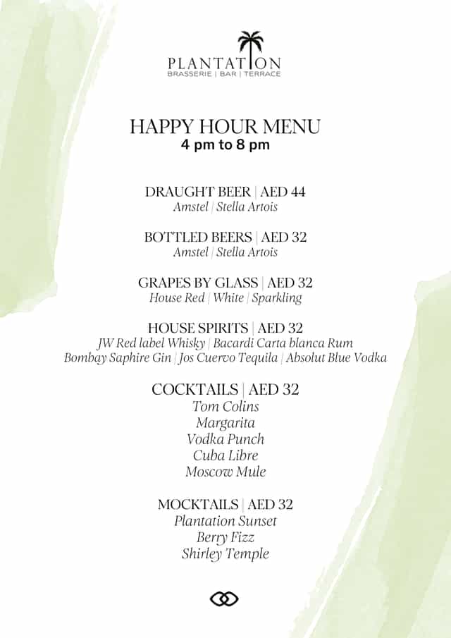 Plantation Brasserie beverage menu for corporate reception and event bar packages.