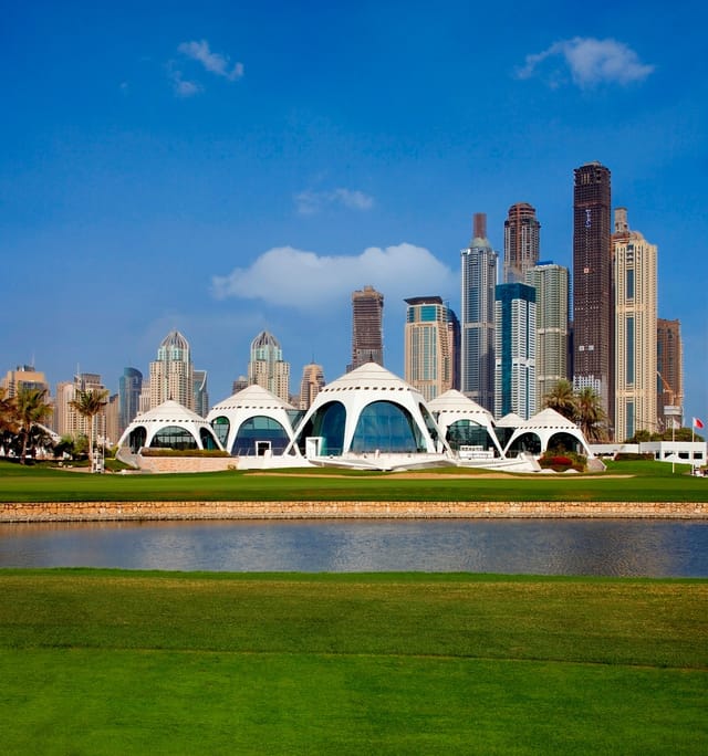 Emirates Golf Club driving range pavilion for luxury corporate retreats and incentive travel.
