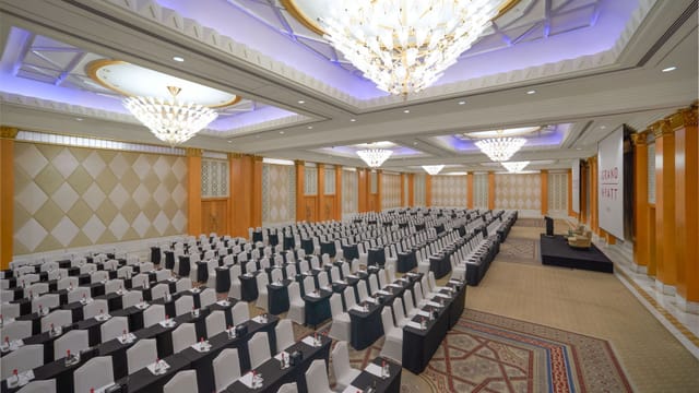 Grand Hyatt Dubai ballroom in classroom setup for corporate conferences and large-scale training.