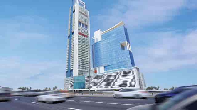 Mövenpick Jumeirah Village Triangle high-rise, ideal for luxury corporate conferences and events.