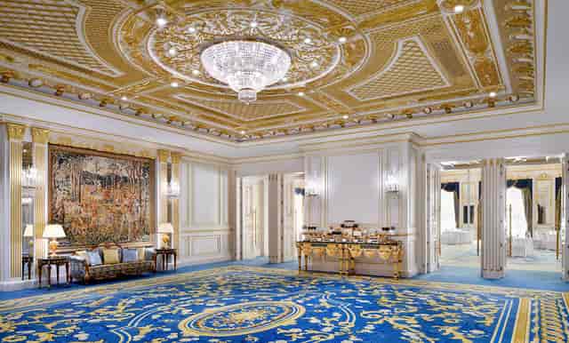 Luxury Grand Salon Maximilian ballroom with gold ceilings for VIP galas and networking events.