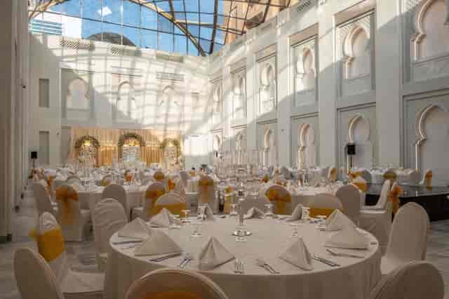 Luxury banquet ballroom in Dubai with glass ceiling for gala and corporate events.