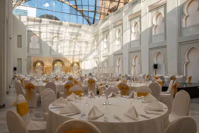 Luxury banquet ballroom in Dubai with glass ceiling for gala and corporate events.