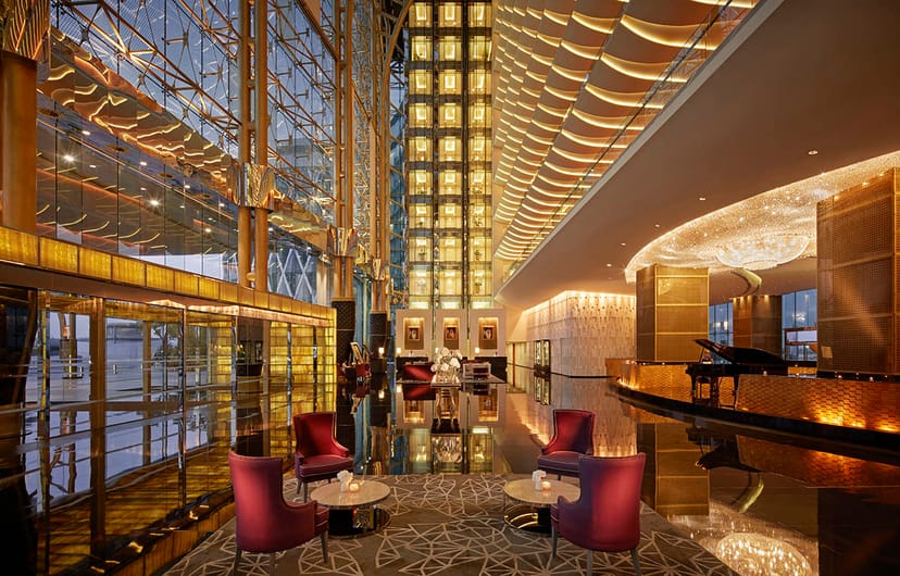 Luxury hotel lobby in Meydan Suites for VIP receptions and corporate networking events.
