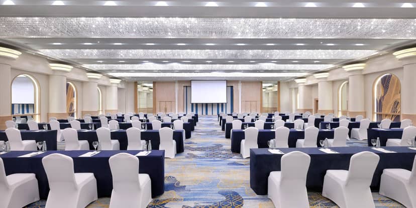 Crowne Plaza Dubai Jumeirah classroom-style ballroom for corporate events and business meetings.