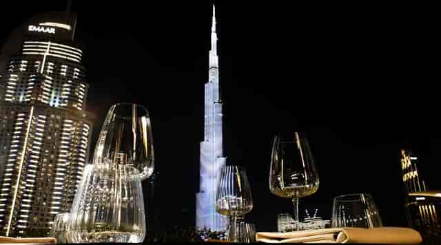 Al fresco dining at Nazcaa restaurant with Burj Khalifa view for corporate events and luxury galas.