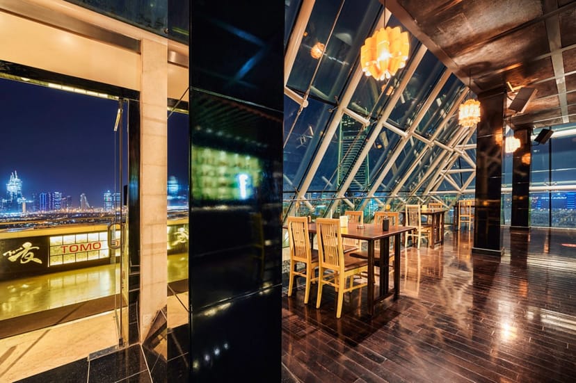 Raffles Dubai Tatami terrace: Glass rooftop venue for VIP corporate events and networking.